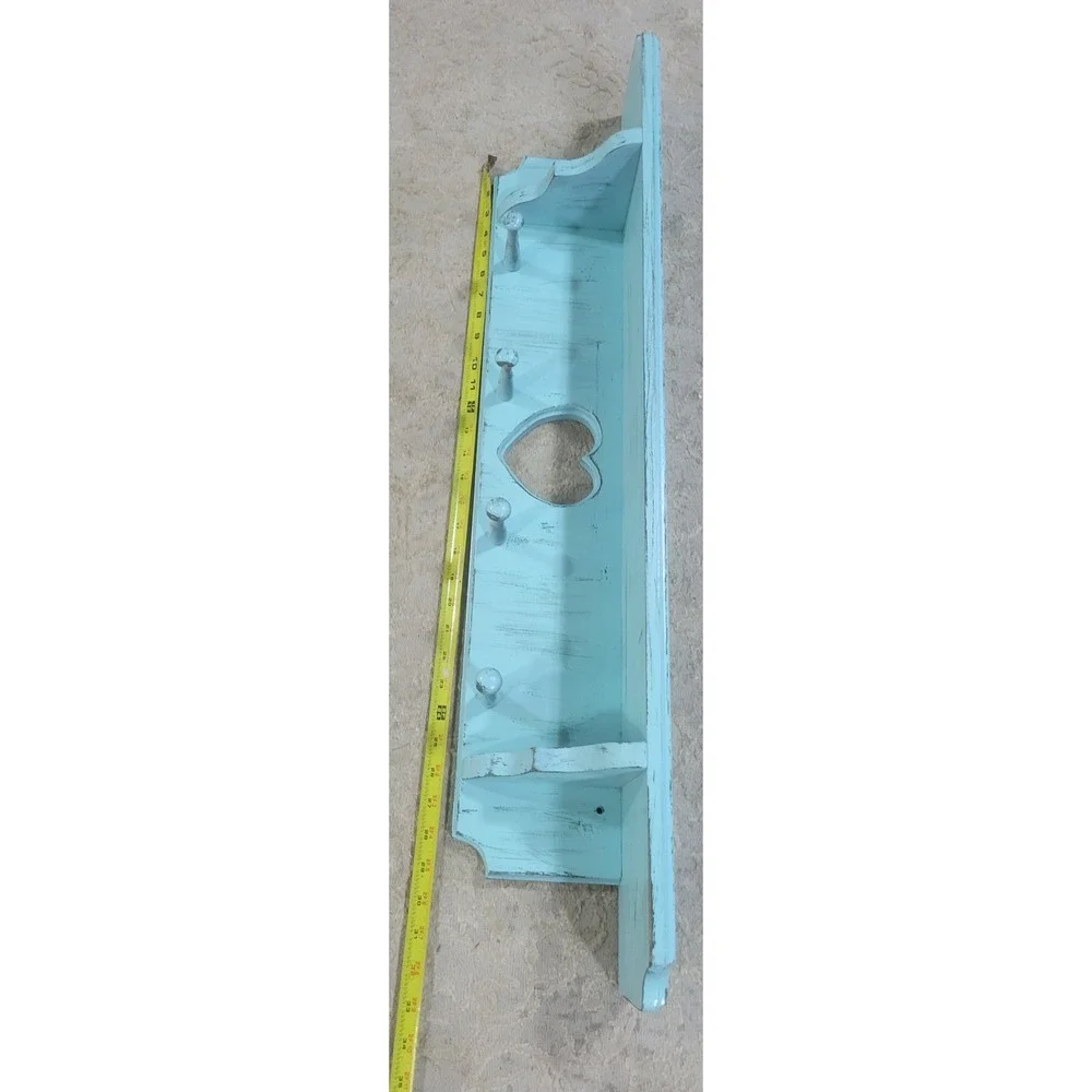 Light Blue Distressed Wood Wall Shelf Heart Cutout 4 Peg Hooks Farmhouse 36in